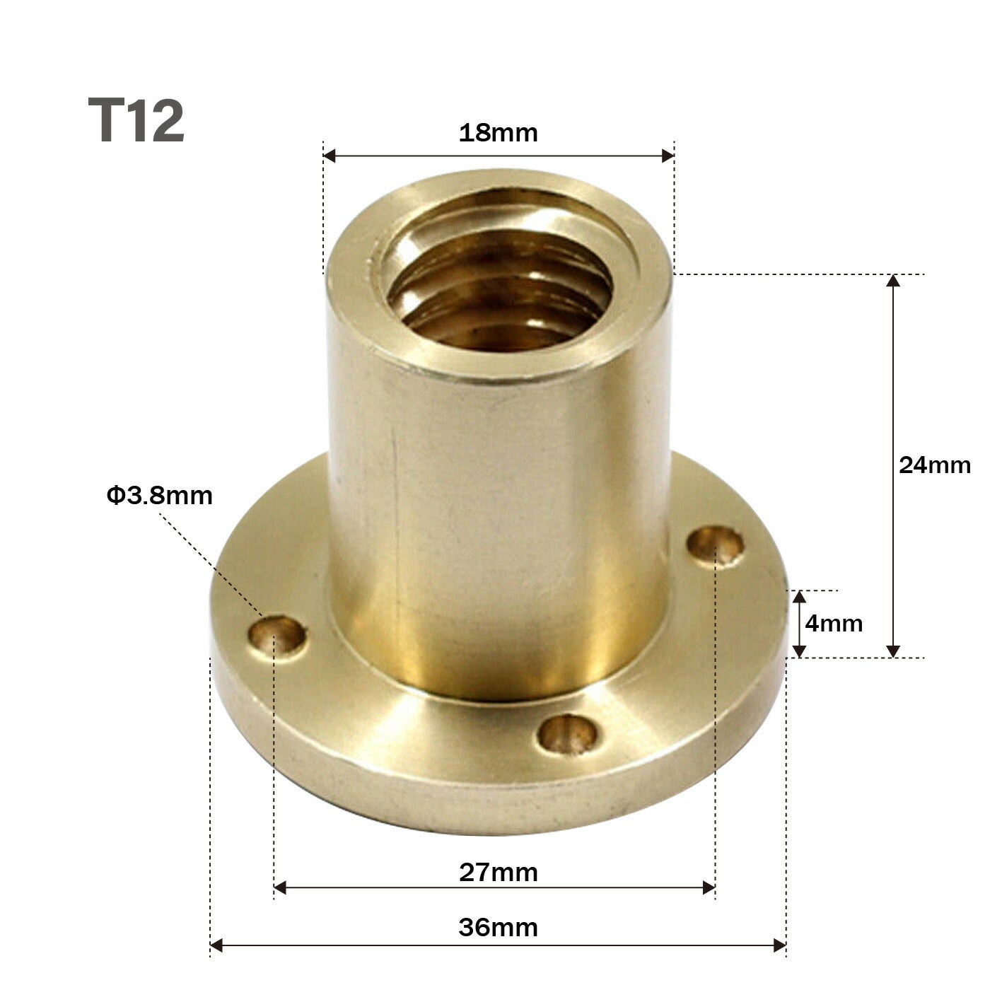 T12 x 2.0 Lead 14mm Flanged Brass Nut for Trapezoidal Threads, Pack of 1
