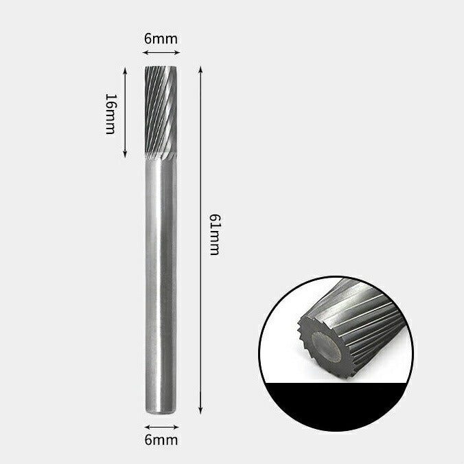 6 x 16mm 円筒型 シングルカット シャンク径 6mm 超硬 ロータリーバー リュータービット 超硬バー