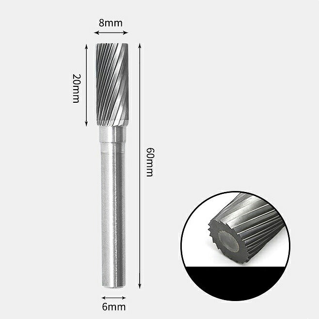 8 x 20mm 円筒型 シングルカット シャンク径 6mm 超硬 ロータリーバー リュータービット 超硬バー