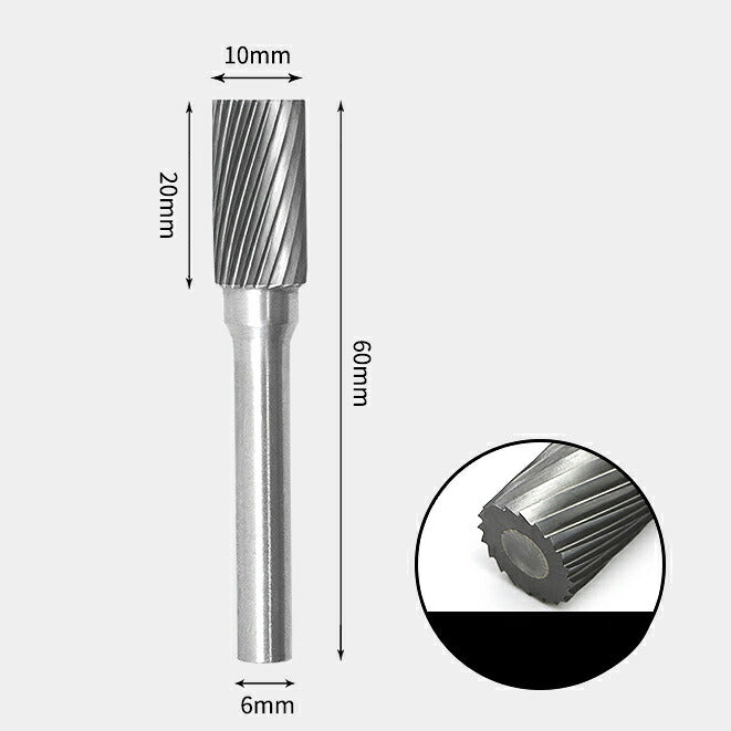 10 x 20mm 円筒型 シングルカット シャンク径 6mm 超硬 ロータリーバー リュータービット 超硬バー