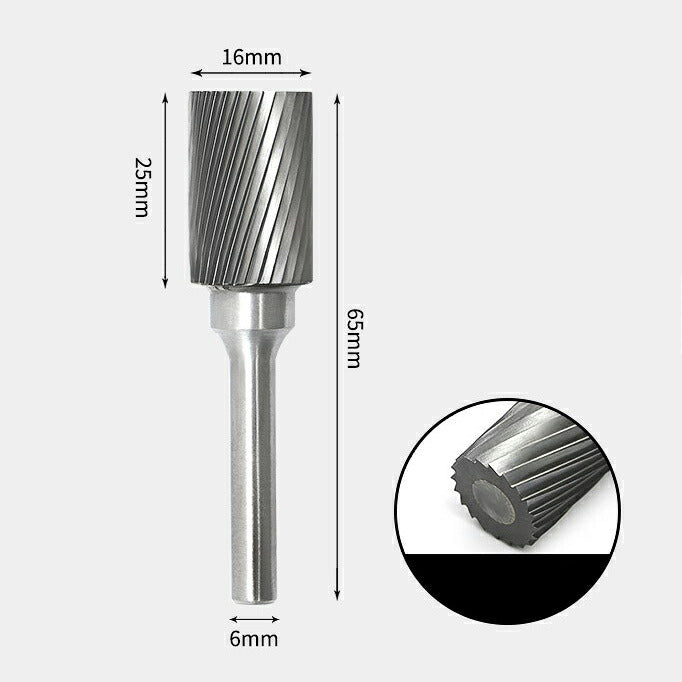 16 x 25mm 円筒型 シングルカット シャンク径 6mm 超硬 ロータリーバー リュータービット 超硬バー