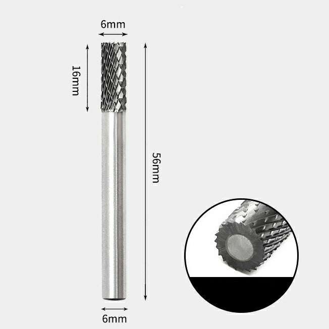 6 x 16mm 円筒型 ダブルカット シャンク径 6mm 超硬 ロータリーバー リュータービット 超硬バー