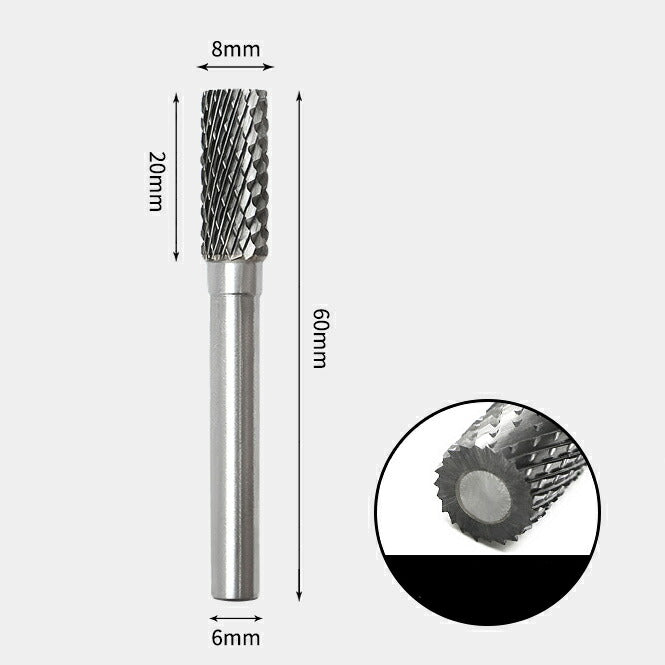 8 x 20mm 円筒型 ダブルカット シャンク径 6mm 超硬 ロータリーバー リュータービット 超硬バー