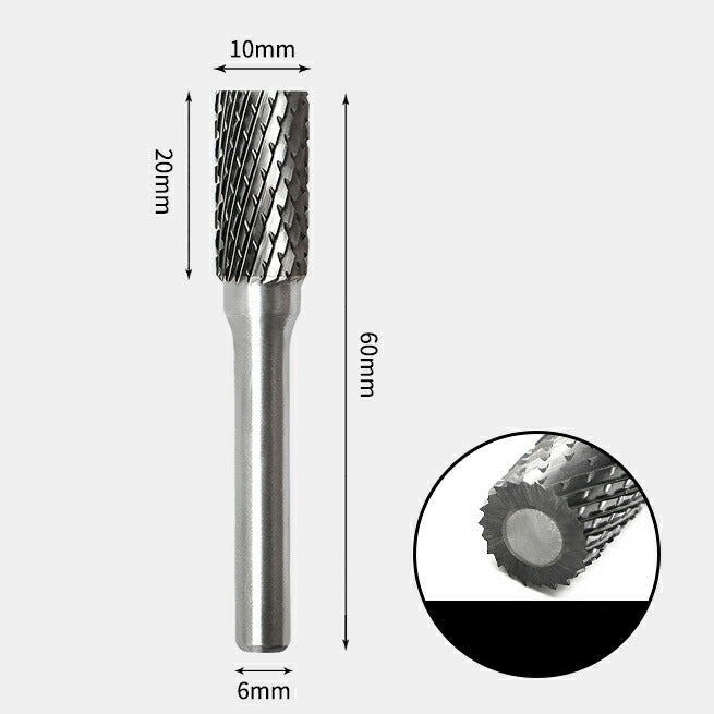 10 x 20mm Cylindrical Double Cutting Carbide Rotary Burr with 6mm Shank, Router Bit