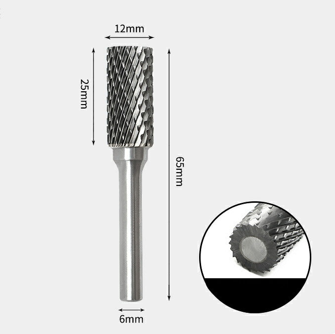 12 x 25mm Cylindrical Double Cutting Carbide Rotary Burr with 6mm Shank, Router Bit