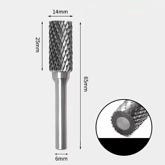 14 x 25mm 円筒型 ダブルカット シャンク径 6mm 超硬 ロータリーバー リュータービット 超硬バー