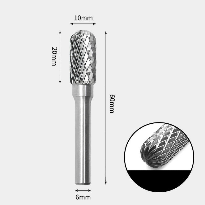 10 x 20mm Rounded Cylindrical Double Cutting Tool with 6mm Shank, Solid Carbide Rotary Burr, Router Bit