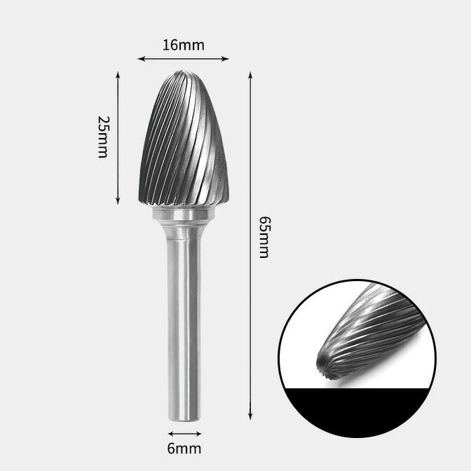 16 x 25mm Bullet-Shaped Single Cut, 6mm Shank Diameter, Solid Carbide Rotary Burr, Router Bit
