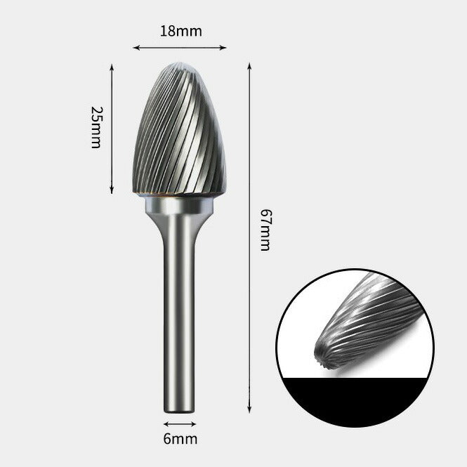 18 x 25mm Bullet-Shaped Single-Cut Rotary Burr with 6mm Shank, Router Bit