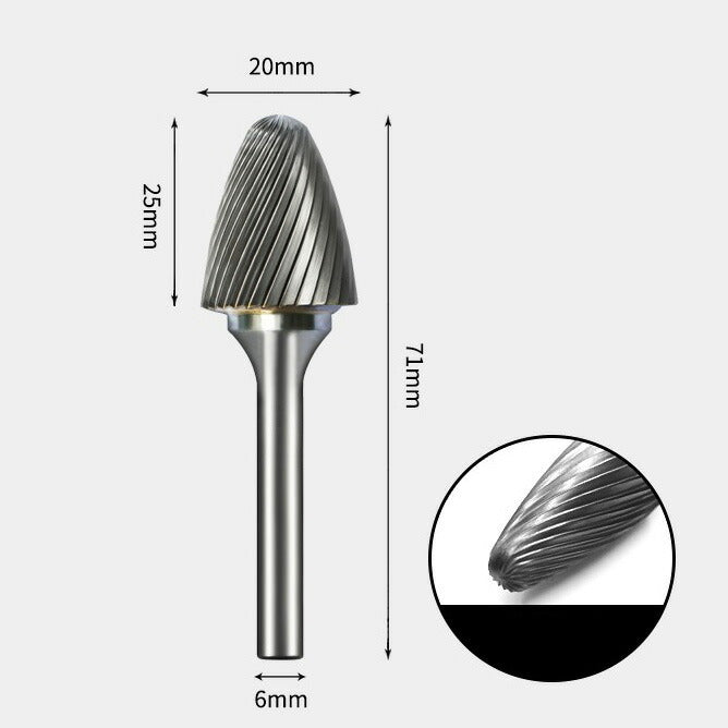 20 x 25mm Bullet-Shaped Single-Cut Rotary Burr with 6mm Shank, Router Bit