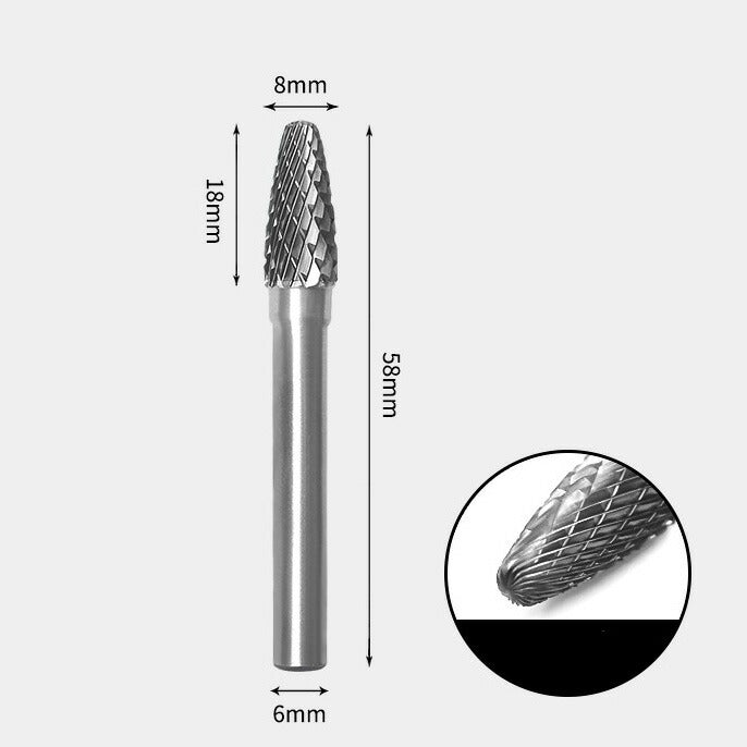 8 x 18mm Bullet-Shaped Double Cutting Tool with 6mm Shank, Solid Carbide Rotary Burr, Router Bit