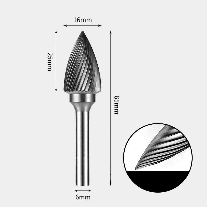 16 x 25mm Point Type Single Cut 6mm Shank Diameter Solid Carbide Rotary Burr Router Bit