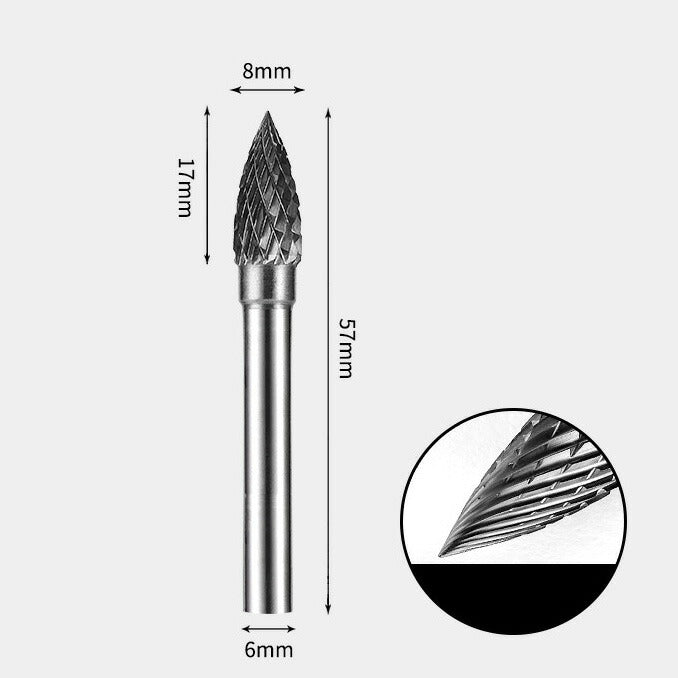 8 x 17mm Pointed Double Cutting Tool, 6mm Shank Diameter, Solid Carbide Rotary Burr, Router Bit