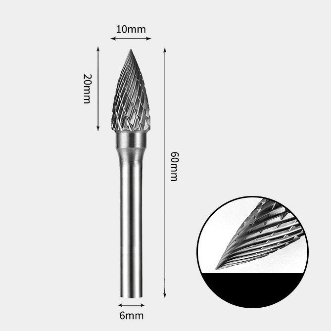 10 x 20mm Pointed Double Cutting Tool, 6mm Shank Diameter, Solid Carbide Rotary Burr, Router Bit