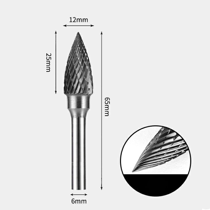 12 x 25mm Pointed Double Cutting Tool, 6mm Shank Diameter, Solid Carbide Rotary Burr, Router Bit