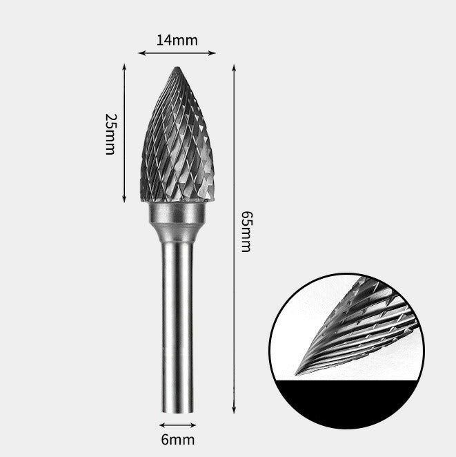 14 x 25mm Pointed Double Cutting Tool, 6mm Shank Diameter, Solid Carbide Rotary Burr, Router Bit