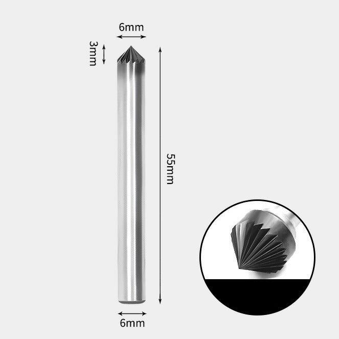 6 x 3mm 90 Degree Tapered Single Cut 6mm Shank Diameter Solid Carbide Rotary Burr Bit