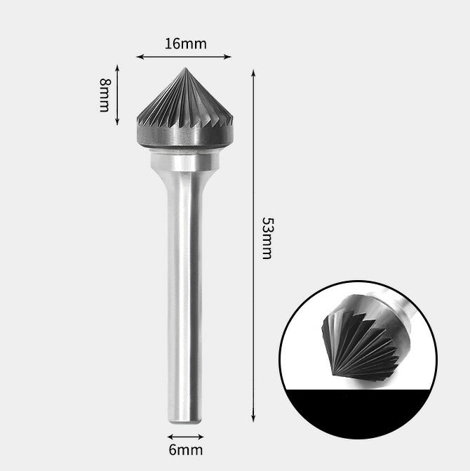 16 x 8mm 90 Degree Tapered Single Cut 6mm Shank Diameter Solid Carbide Rotary Burr Bit