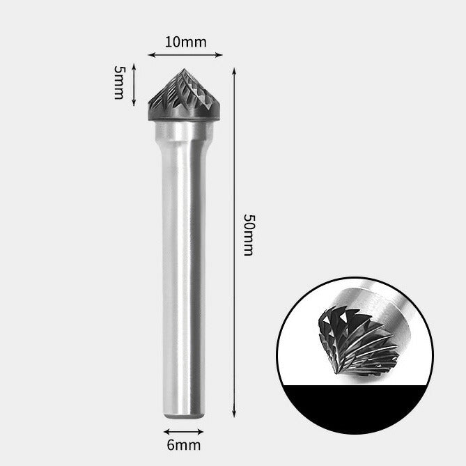 10 x 5mm 90 Degree Tapered Double Cutting Carbide Rotary Burrs with 6mm Shank Diameter, Router Bits