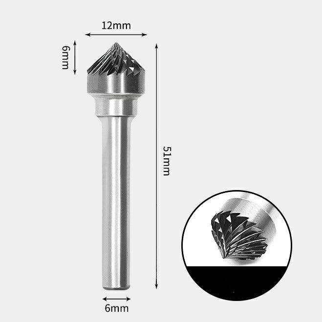 12 x 6mm 90 Degree Tapered Double Cutting Carbide Rotary Burr with 6mm Shank, Router Bit