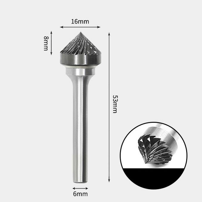 16 x 8mm 90 Degree Tapered Double Cutting Carbide Rotary Burr with 6mm Shank, Router Bit