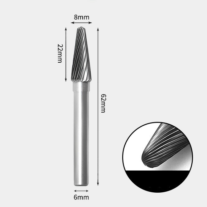 8 x 22mm Tsukushi Type Single Cutting Tool, 6mm Shank Diameter, Solid Carbide Rotary Burr, Router Bit