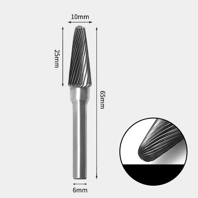 10 x 25mm Tsukushi Type Single Cutting Tool, 6mm Shank Diameter, Solid Carbide Rotary Burr, Router Bit