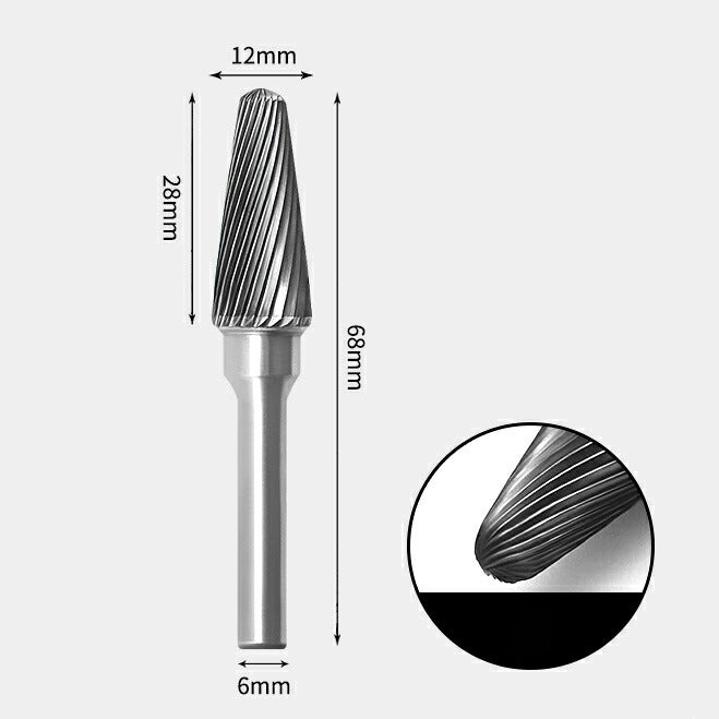 12 x 28mm Tsukushi Type Single Cutting Tool, 6mm Shank Diameter, Solid Carbide Rotary Burr, Router Bit