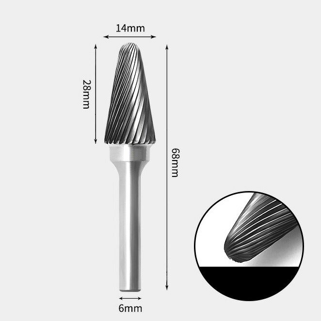 14 x 28mm Tsukushi Type Single Cutting Tool, 6mm Shank Diameter, Solid Carbide Rotary Burr, Router Bit