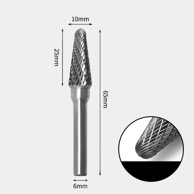 10 x 25mm Tsukushi-style Double Cutting Tool, 6mm Shank Diameter, Solid Carbide Rotary Burr, Router Bit
