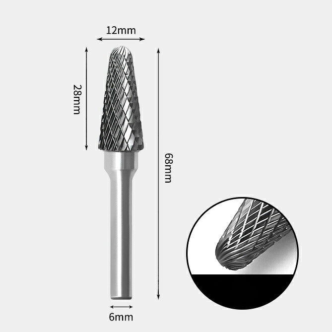12 x 28mm Tsukushi-style Double Cutting Tool, 6mm Shank Diameter, Solid Carbide Rotary Burr, Router Bit