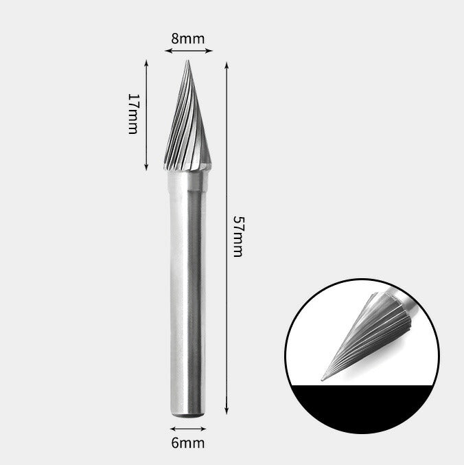 8 x 17mm Cone-Shaped Single-Cut Carbide Rotary Burr with 6mm Shank, Router Bit