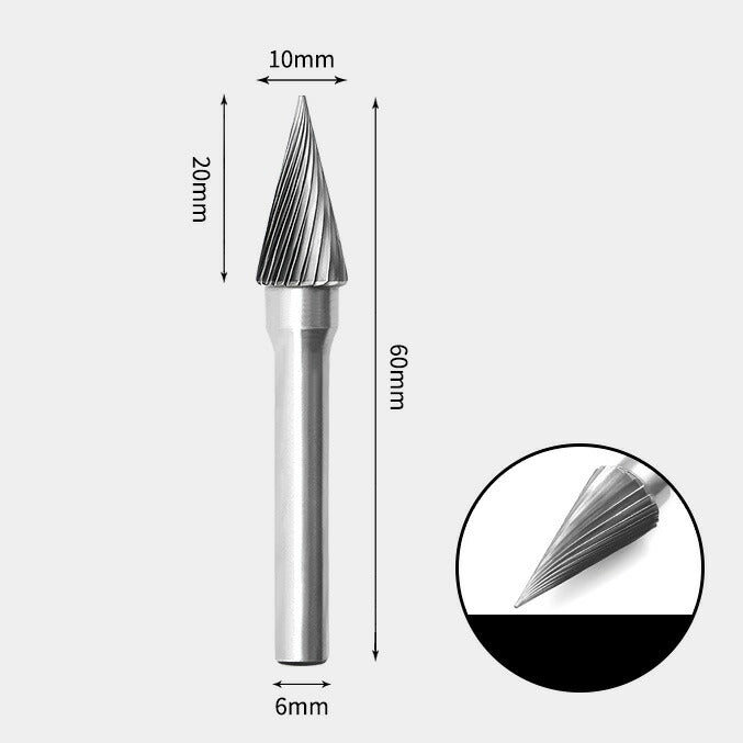 10 x 20mm Cone-Shaped Single-Cut Rotary Burr with 6mm Shank, 2.5" Diameter, for Router Bits