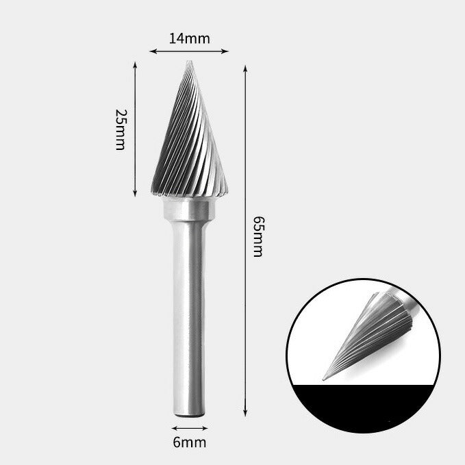 14 x 25mm Cone-Shaped Single Cut, 6mm Shank Diameter, Solid Carbide Rotary Burr, Router Bit