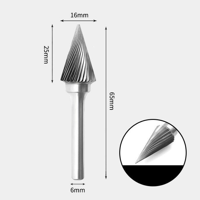 16 x 25mm Cone-Shaped Single Cut, 6mm Shank Diameter, Solid Carbide Rotary Burr, Router Bit