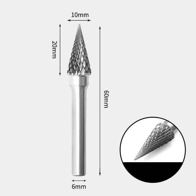 10 x 20mm Cone-Shaped Double Cutting Tool with 6mm Shank, Solid Carbide Rotary Burr, Router Bit