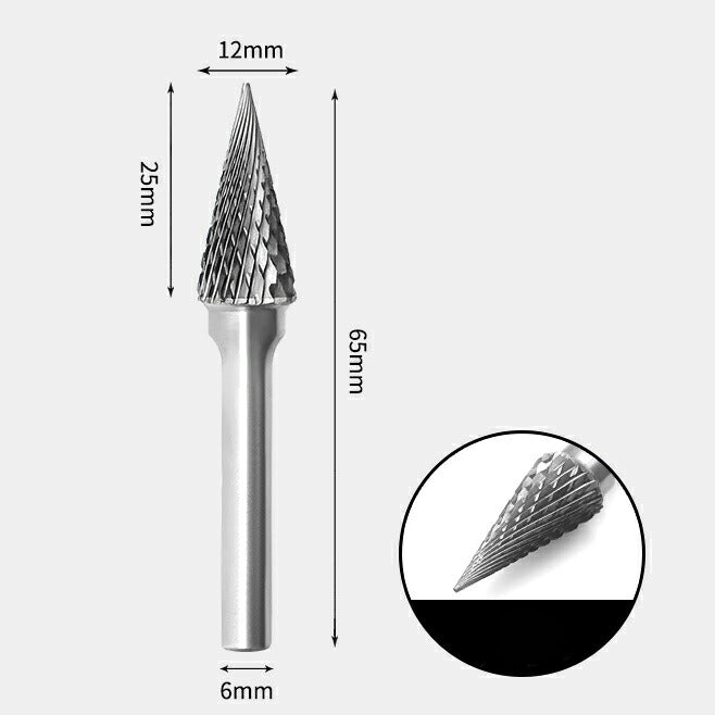 12 x 25mm コーン型 ダブルカット シャンク径 6mm 超硬 ロータリーバー リュータービット 超硬バー