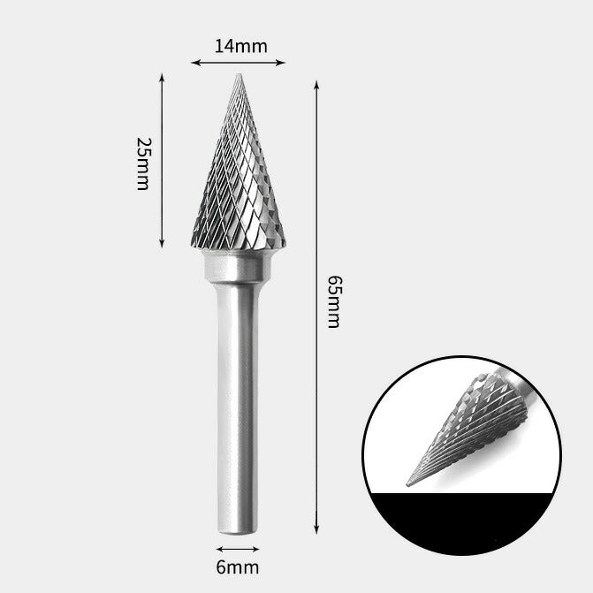 14 x 25mm Cone-Shaped Double Cutting Tool with 6mm Shank, Solid Carbide Rotary Burr, Router Bit