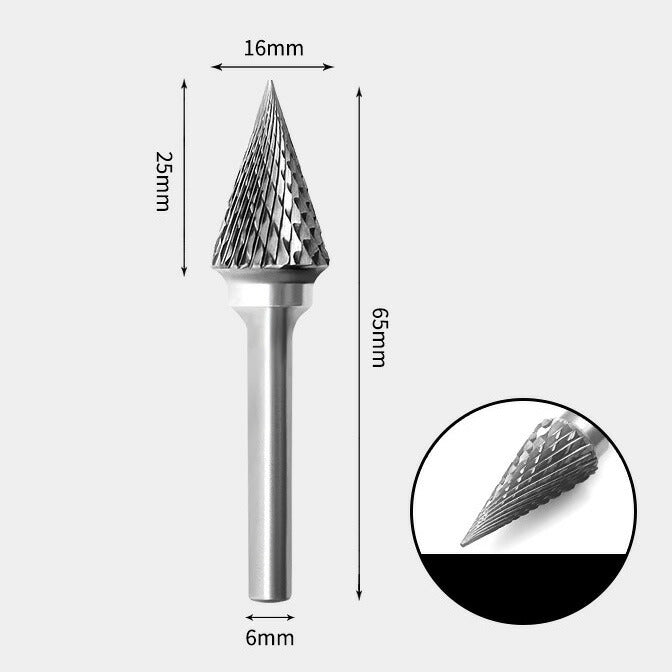 16 x 25mm Cone-Shaped Double Cutting Tool with 6mm Shank, Solid Carbide Rotary Burr, Router Bit