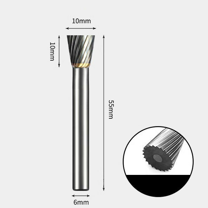 10 x 10mm Inverted Cone Single Cutting Carbide Rotary Burr with 6mm Shank, Router Bit