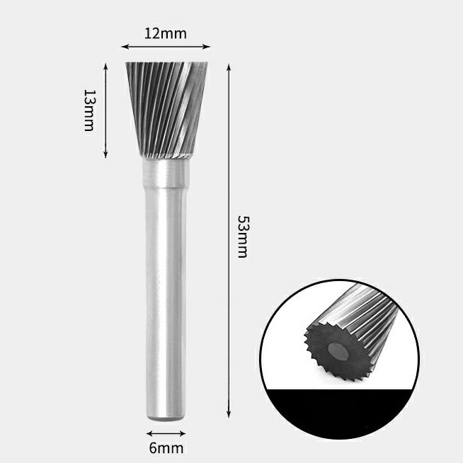 12 x 13mm Inverted Cone Single Cutting Carbide Rotary Burr with 6mm Shank, Router Bit