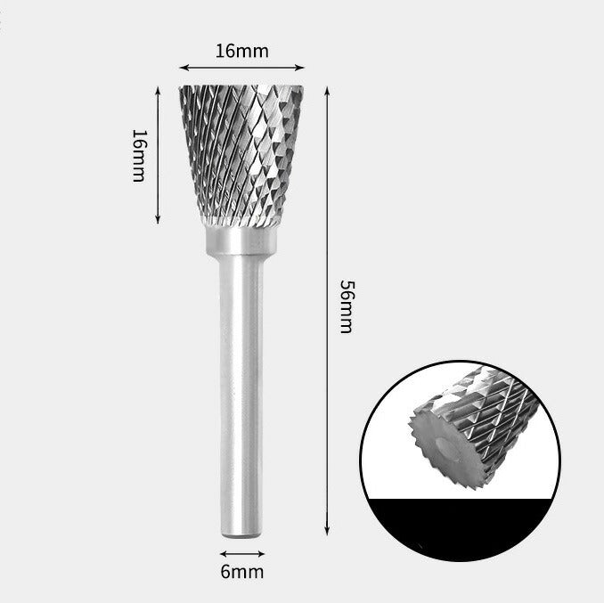 16 x 16mm Inverted Cone Double Cutting Tool with 6mm Shank, Solid Carbide Rotary Burr, Router Bit