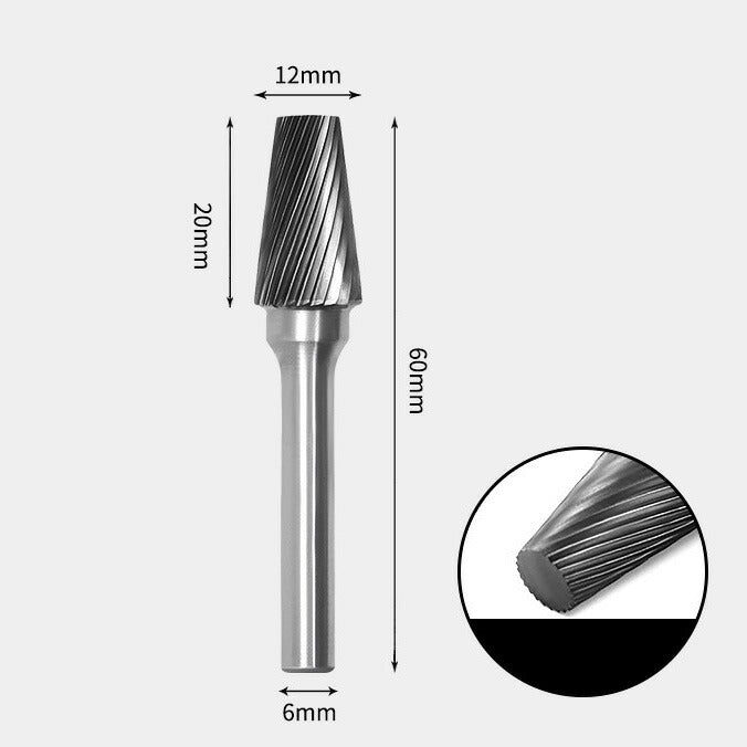 12 x 20mm Tapered Single Cut 6mm Shank Diameter Solid Carbide Rotary Burr, Router Bit