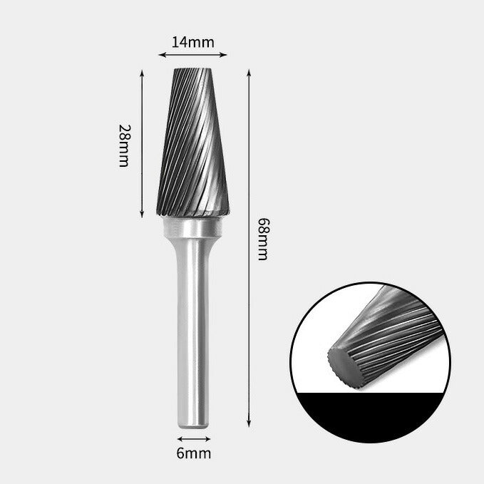 14 x 28mm Tapered Single Cut 6mm Shank Diameter Solid Carbide Rotary Burr Router Bit