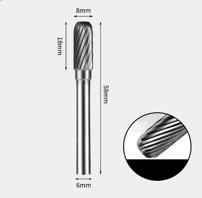 8 x 18mm 角丸円筒型 シングルカット シャンク径 6mm 超硬 ロータリーバー リュータービット 超硬バー