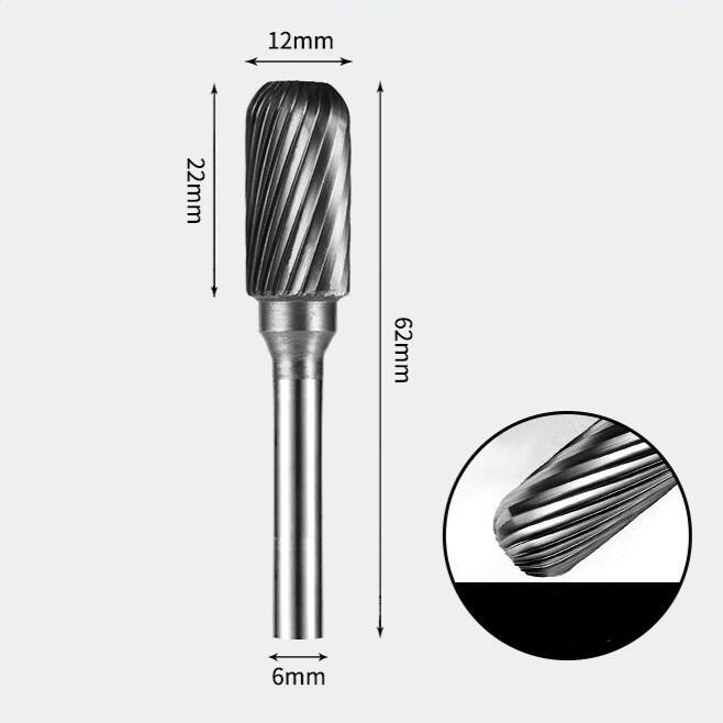 12 x 22mm 角丸円筒型 シングルカット シャンク径 6mm 超硬 ロータリーバー リュータービット 超硬バー
