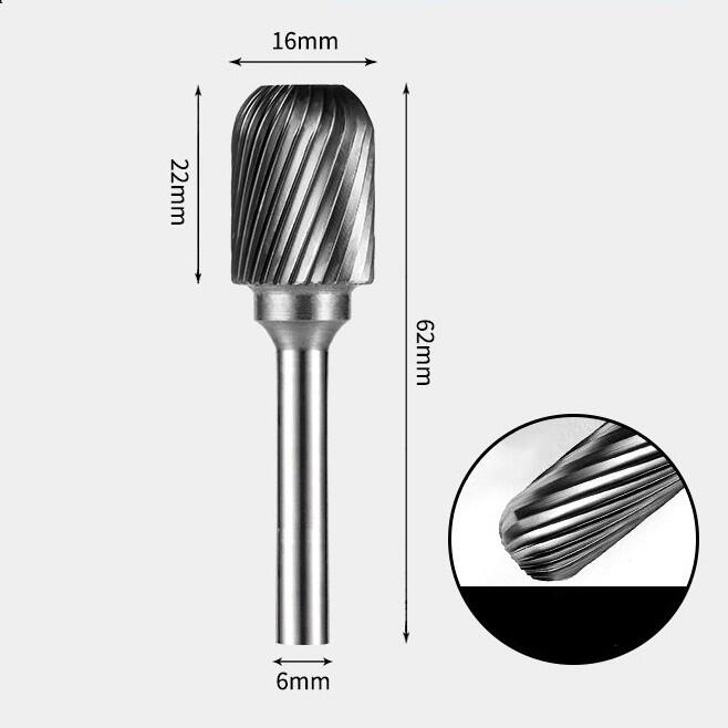 16 x 22mm 角丸円筒型 シングルカット シャンク径 6mm 超硬 ロータリーバー リュータービット 超硬バー