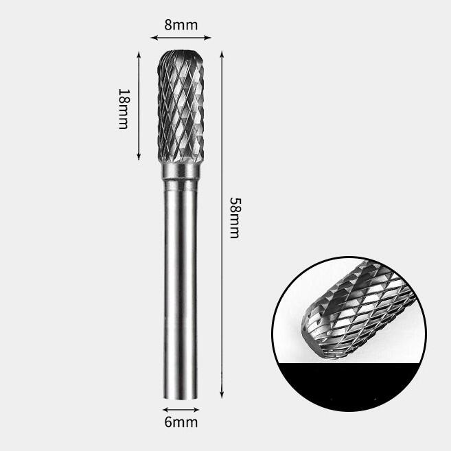 8 x 18mm 角丸円筒型 ダブルカット シャンク径 6mm 超硬 ロータリーバー リュータービット 超硬バー