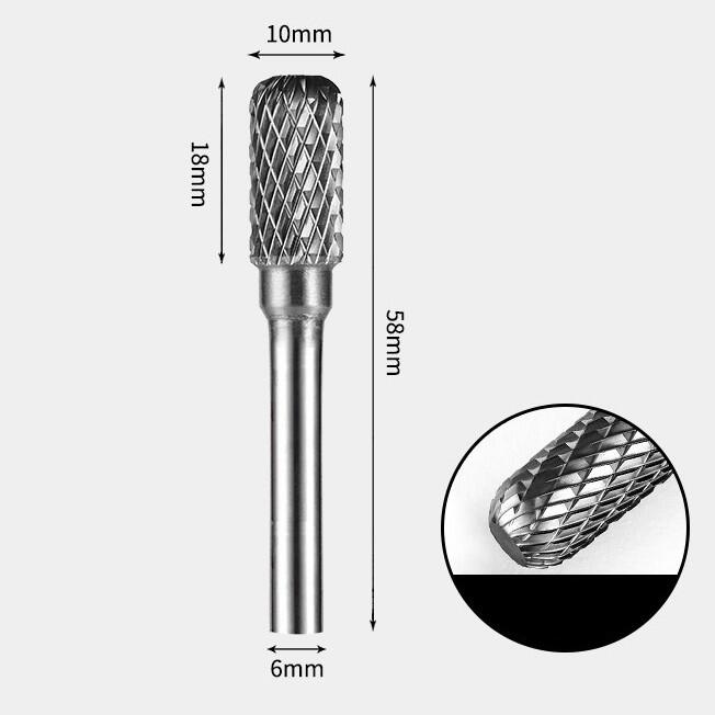 10 x 18mm 角丸円筒型 ダブルカット シャンク径 6mm 超硬 ロータリーバー リュータービット 超硬バー