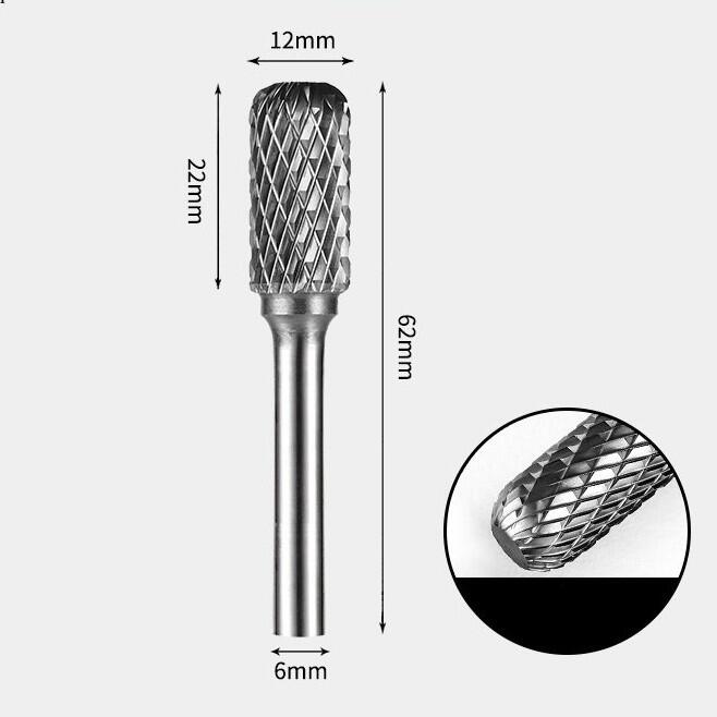 12 x 22mm 角丸円筒型 ダブルカット シャンク径 6mm 超硬 ロータリーバー リュータービット 超硬バー